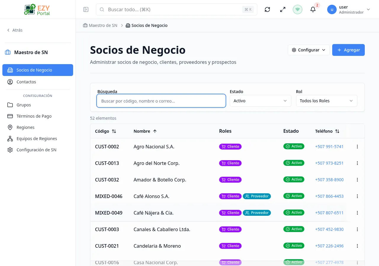 Página de lista de Socios de Negocio