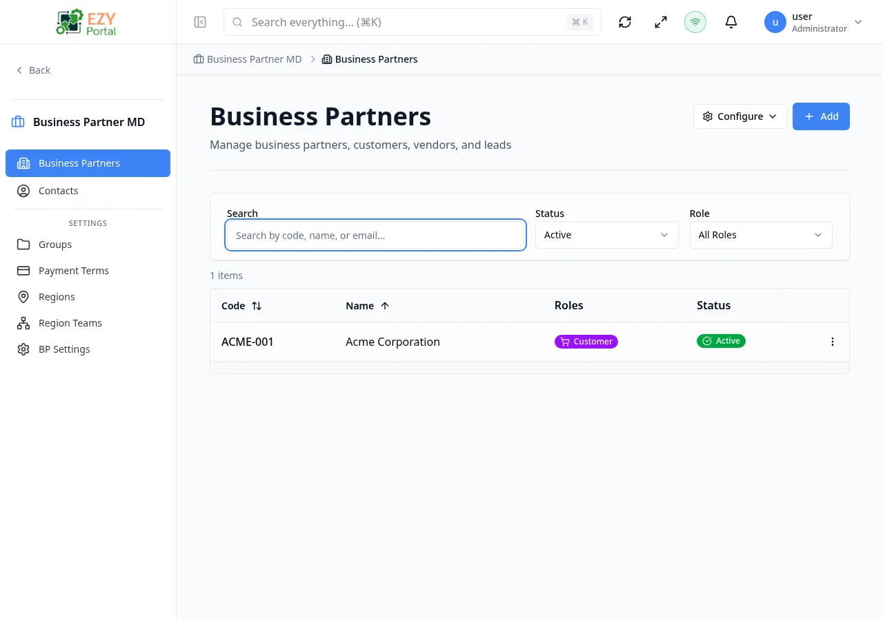 Business Partners list page