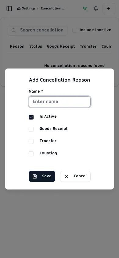 Add Cancellation Reason dialog with Name field and process checkboxes