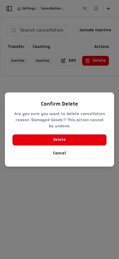 Delete confirmation dialog warning the action cannot be undone