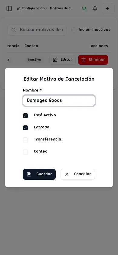 Diálogo Editar Motivo de Cancelación con los valores existentes precargados