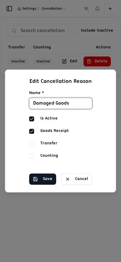 Edit Cancellation Reason dialog pre-filled with existing values