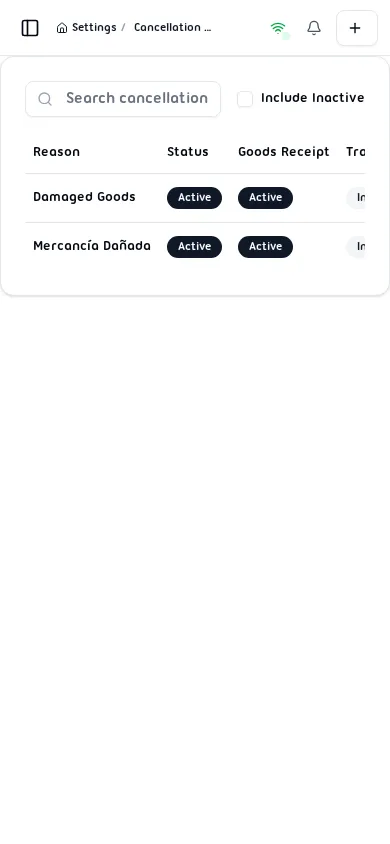 Cancellation reasons list showing two active reasons with status badges