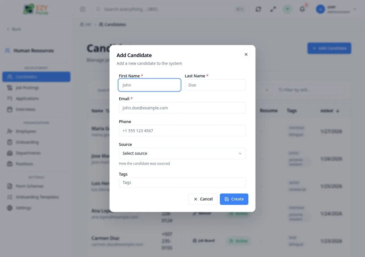 Create Candidate dialog with First Name, Last Name, Email, Phone, Source, Status, and Tags fields