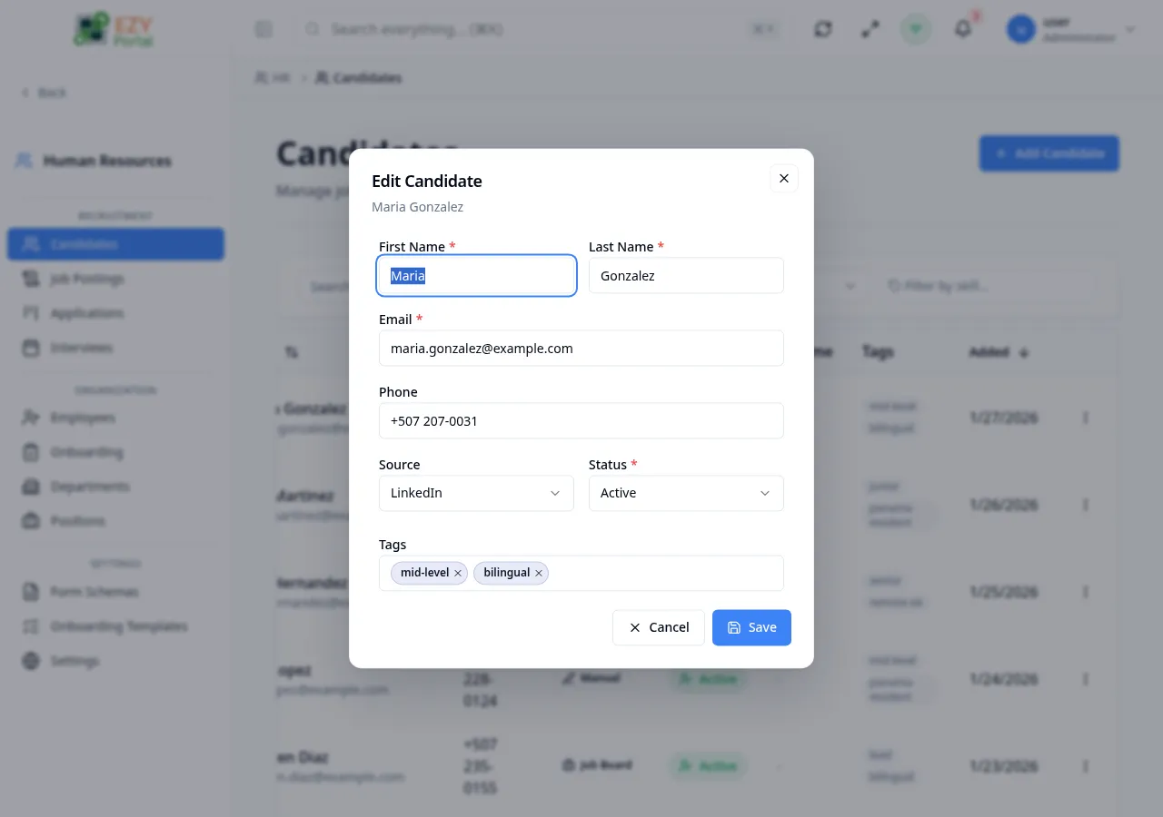 Edit Candidate dialog pre-filled with existing candidate data