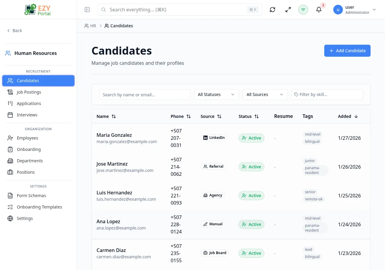 Candidates list showing Name, Phone, Source, Status, Resume, Tags, and Added columns with several populated rows