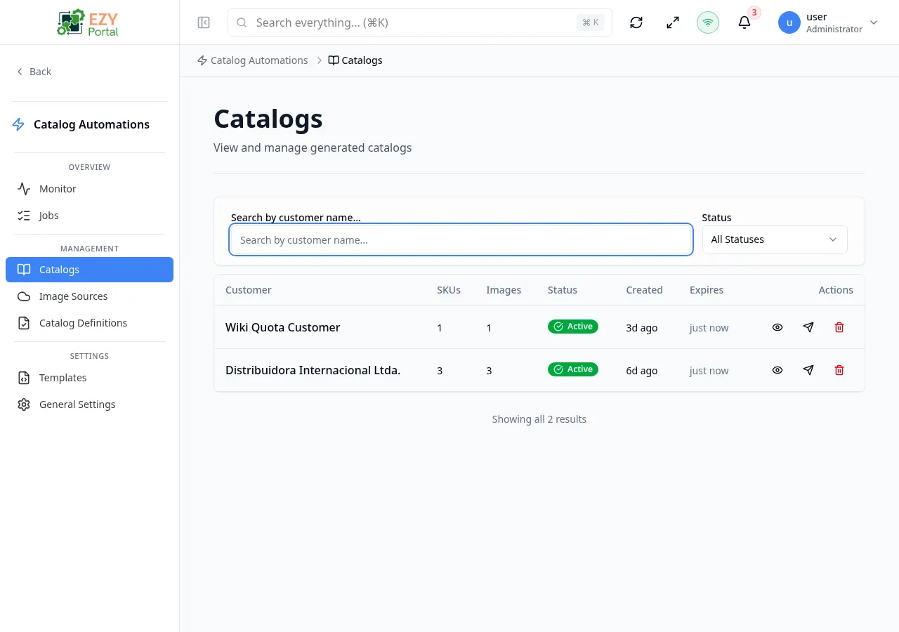 Catalogs list page showing generated catalogs with customer, status, and expiry columns