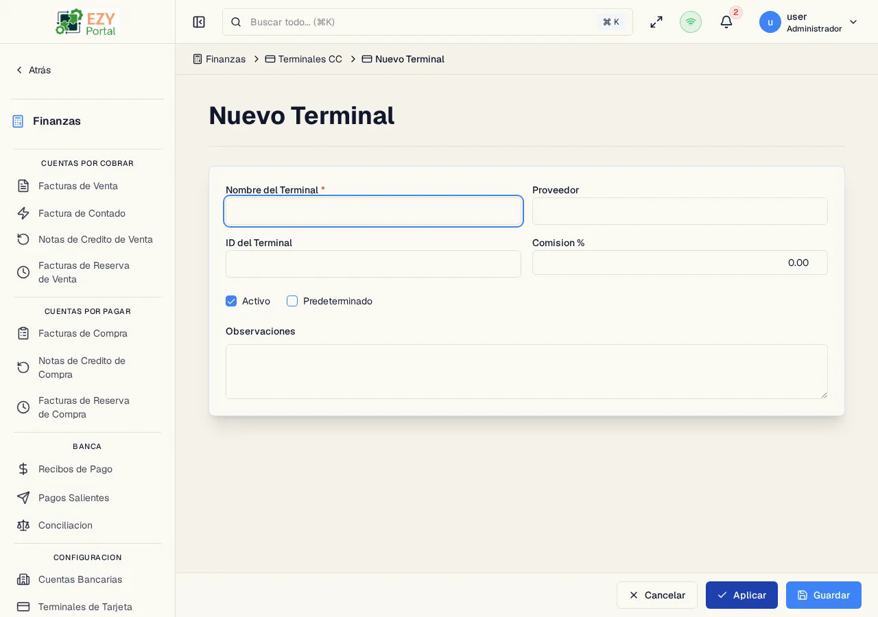 Formulario de creación de Terminal CC con nombre, proveedor, identificador, porcentaje de comisión y opciones de configuración
