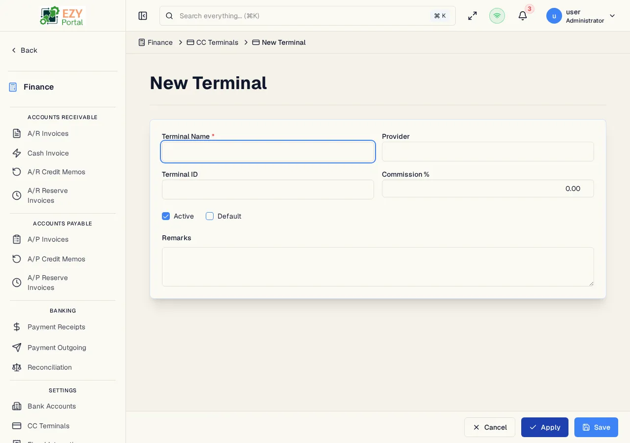 Create CC Terminal form showing terminal name, provider, terminal ID, commission percent, active status, and default flag fields