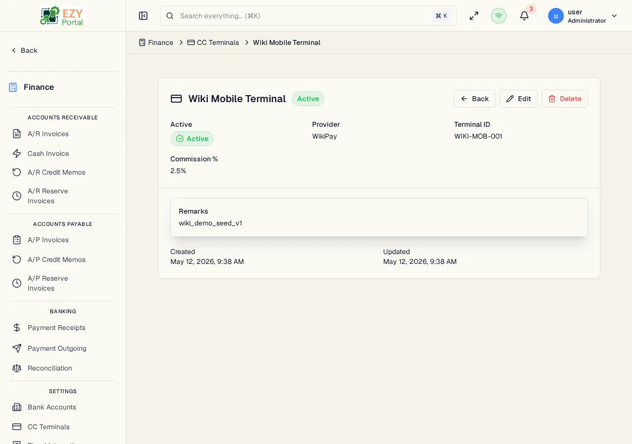 CC Terminal detail page showing terminal name, provider, terminal ID, commission percent, active badge, and action buttons