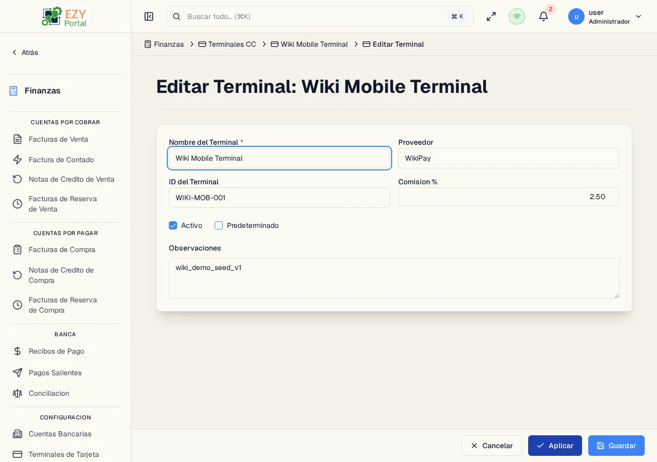 Formulario de edición de Terminal CC con todos los campos preexistentes disponibles para modificar