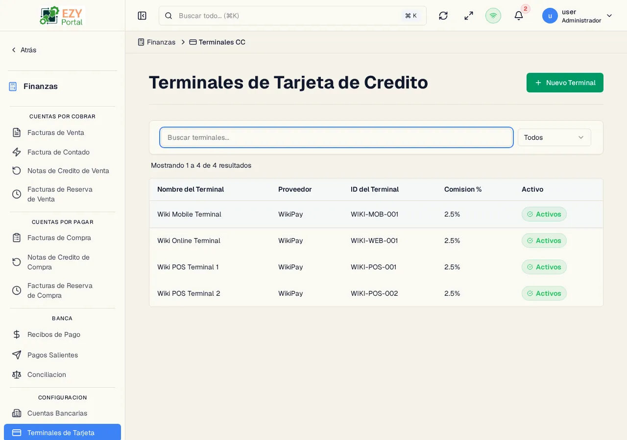 Lista de Terminales CC con nombres, proveedores, identificadores, porcentajes de comisión y estado activo/predeterminado