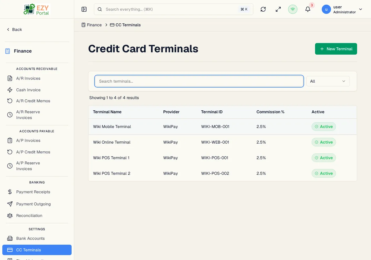 Credit Card Terminals list showing terminal names, providers, terminal IDs, commission percentages, and active/default status