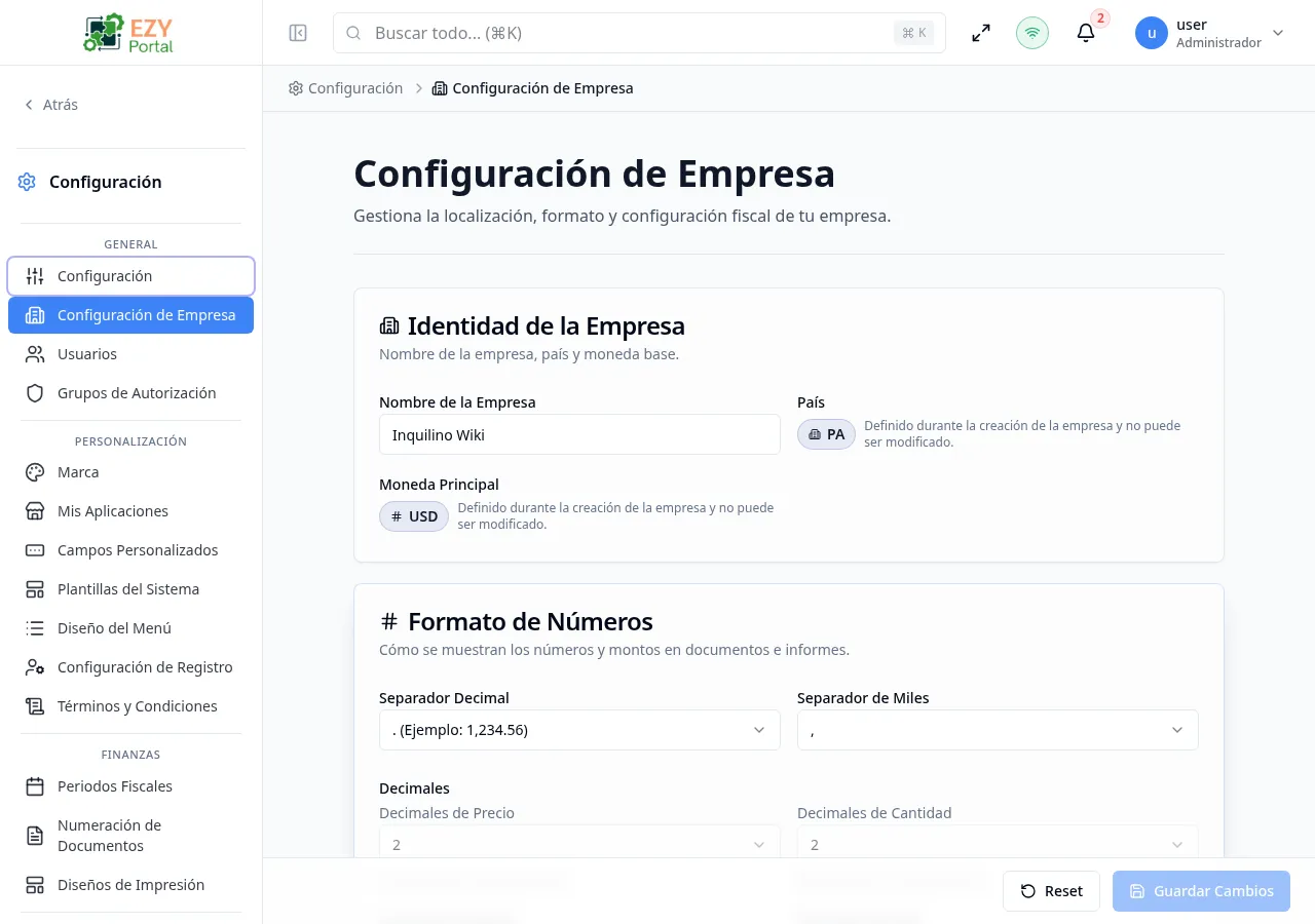 Página Configuración de la empresa