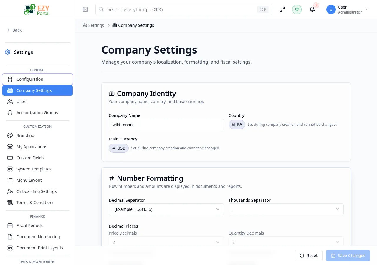 Company Settings page