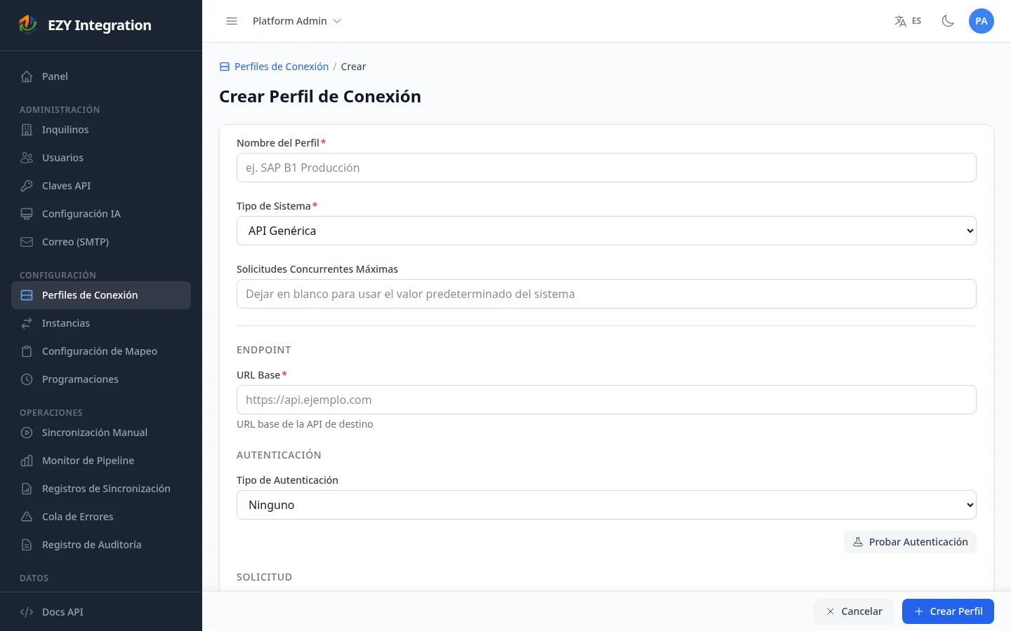 Formulario de creación de perfil de conexión
