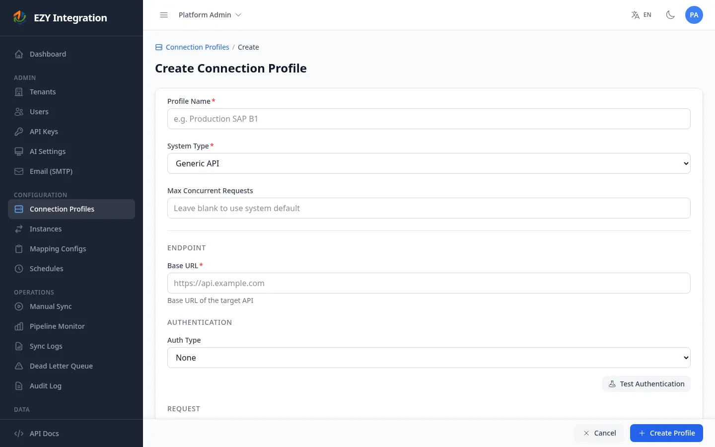 Generic API connection profile form