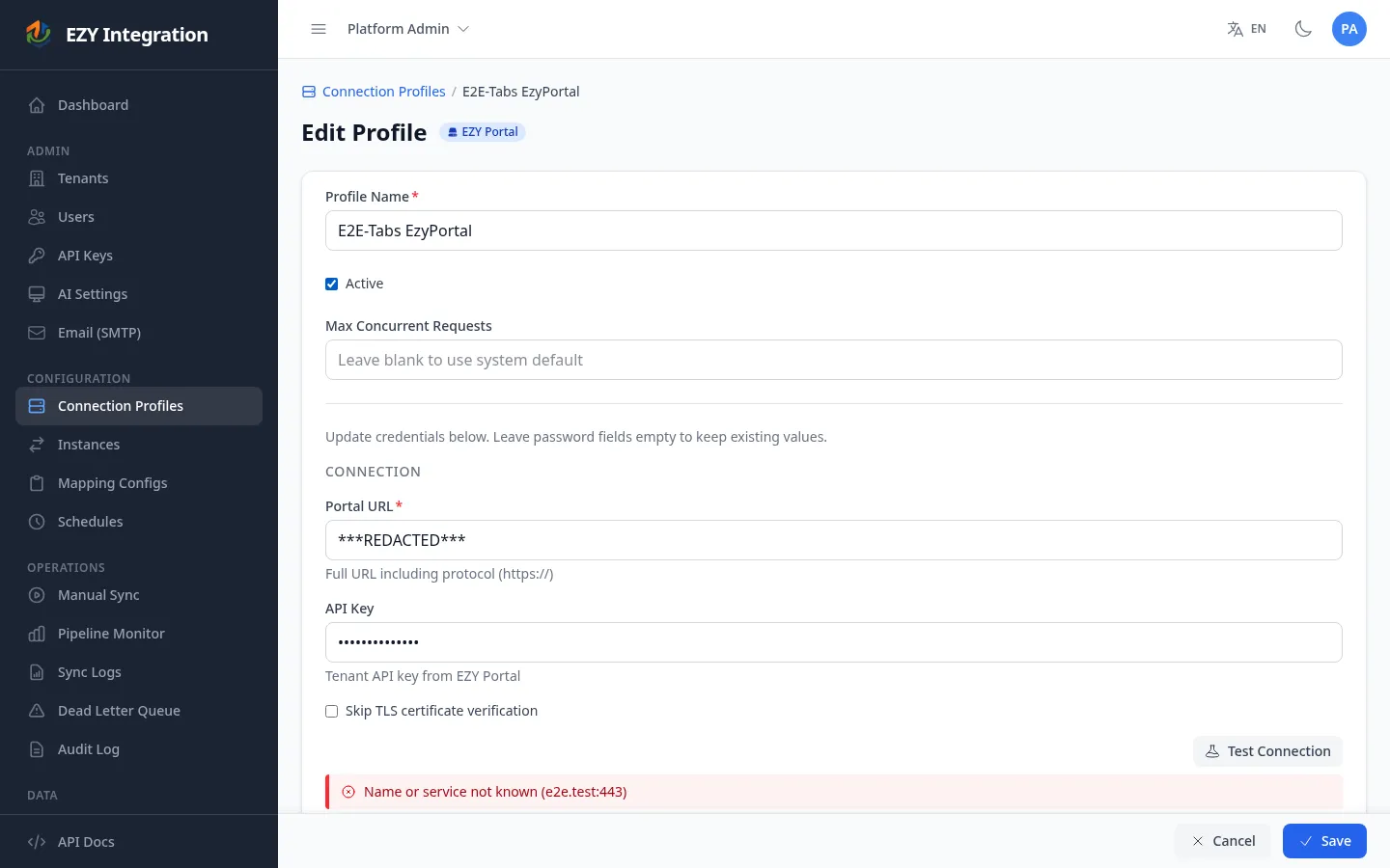 EZY Portal connection profile form