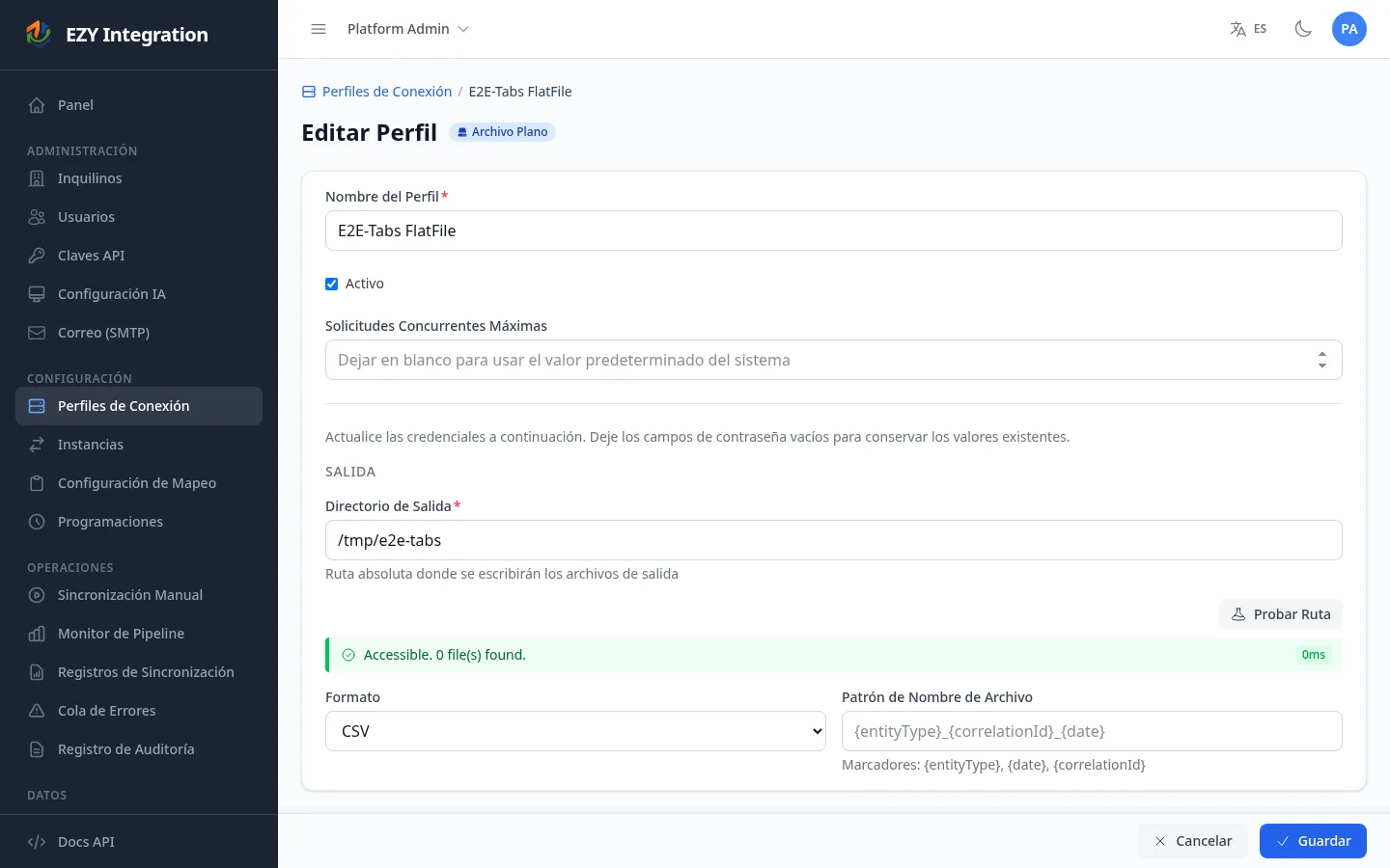 Formulario de perfil de conexión de Archivo Plano