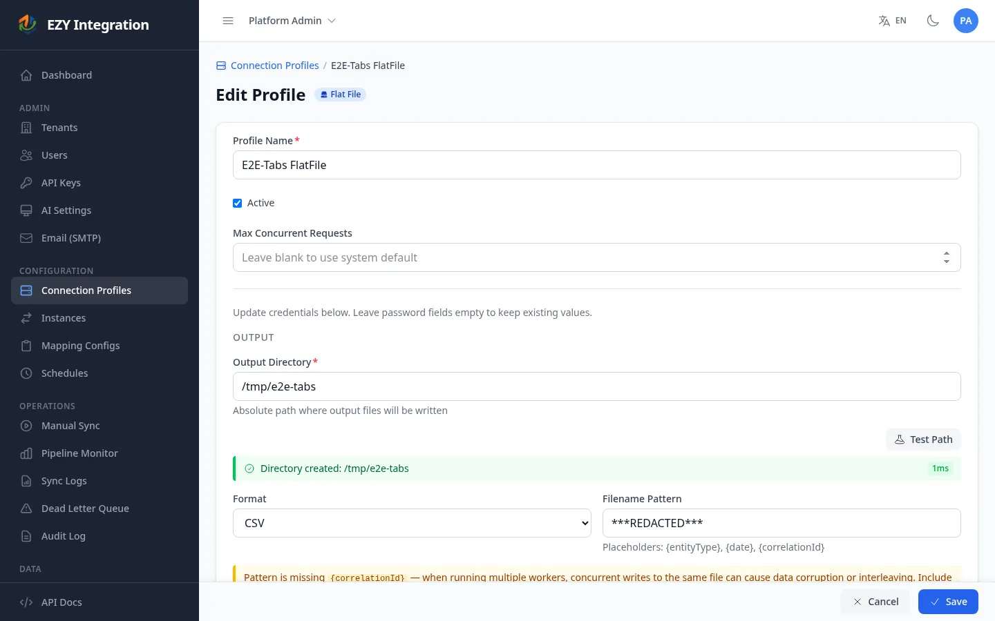 Flat File connection profile form