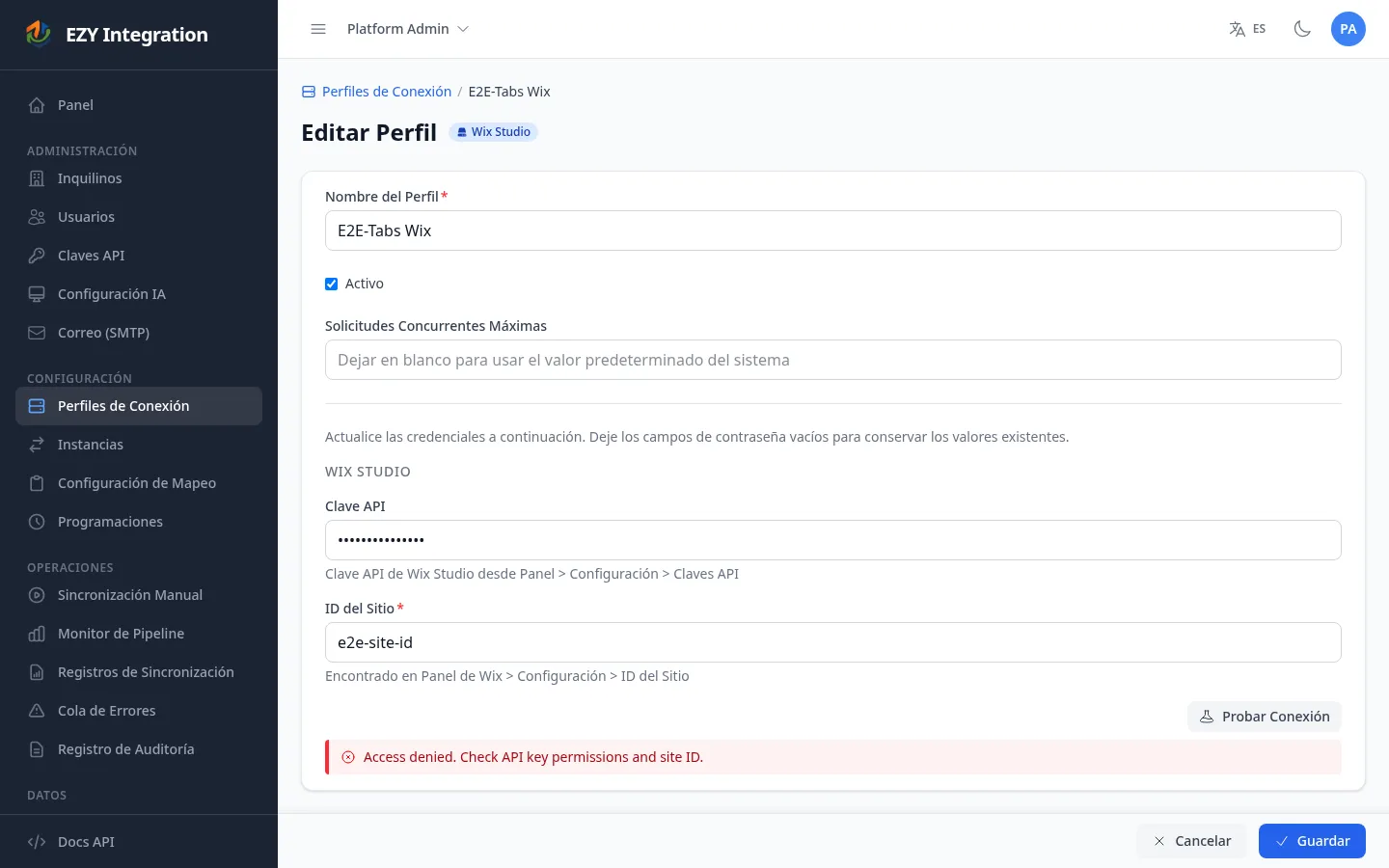 Formulario de perfil de conexión de Wix
