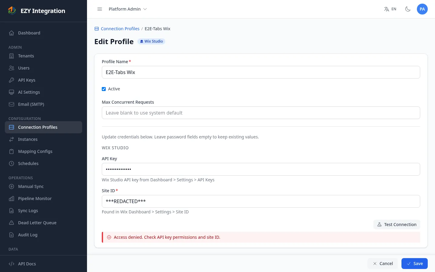 Wix connection profile form