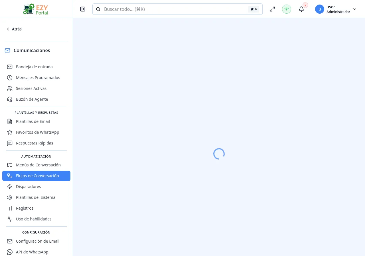 Página de Flujos de Conversación mostrando la lista de flujos a la izquierda y las pestañas Variables / Pasos / Configuración a la derecha