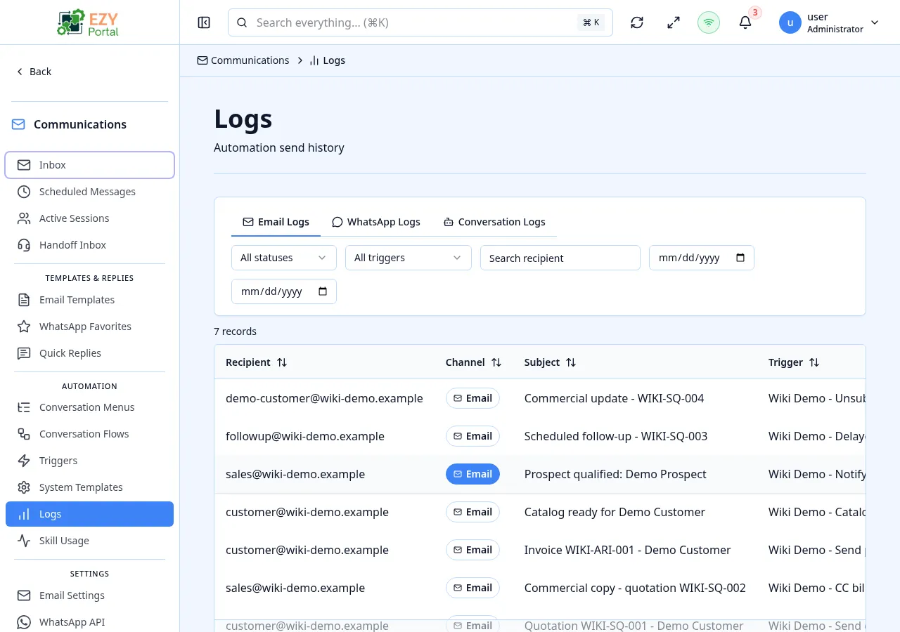 Conversation Logs page showing rows with phone, state badge, outcome badge, intent / skill, last user message and message count