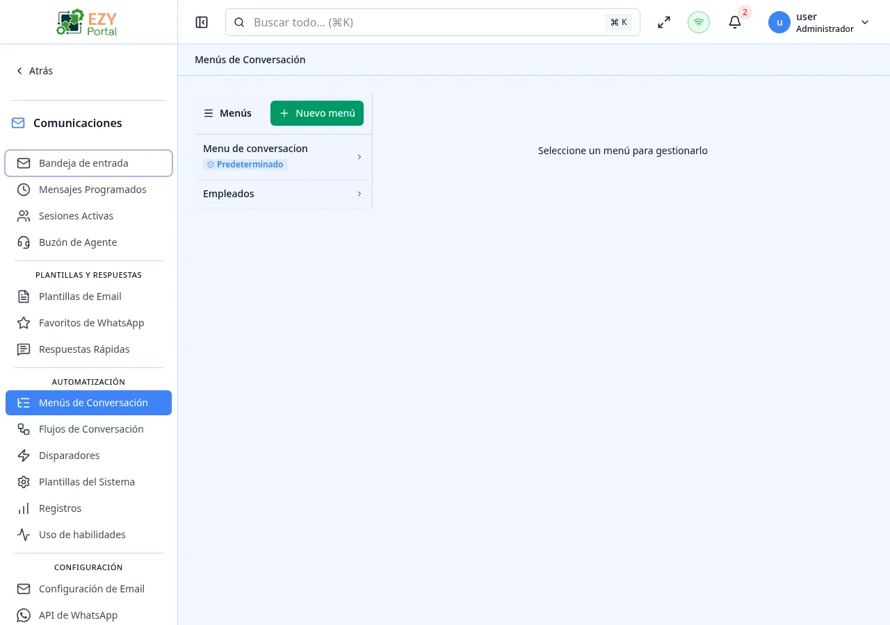 Página de Menús de Conversación mostrando la lista de menús a la izquierda, el árbol de nodos a la derecha y los tipos de nodo skill / flow / handoff