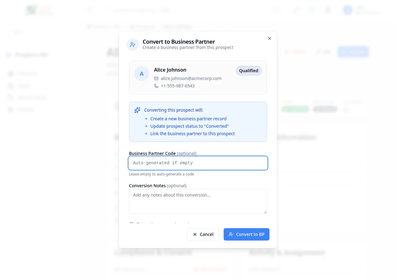 Convert to Business Partner dialog