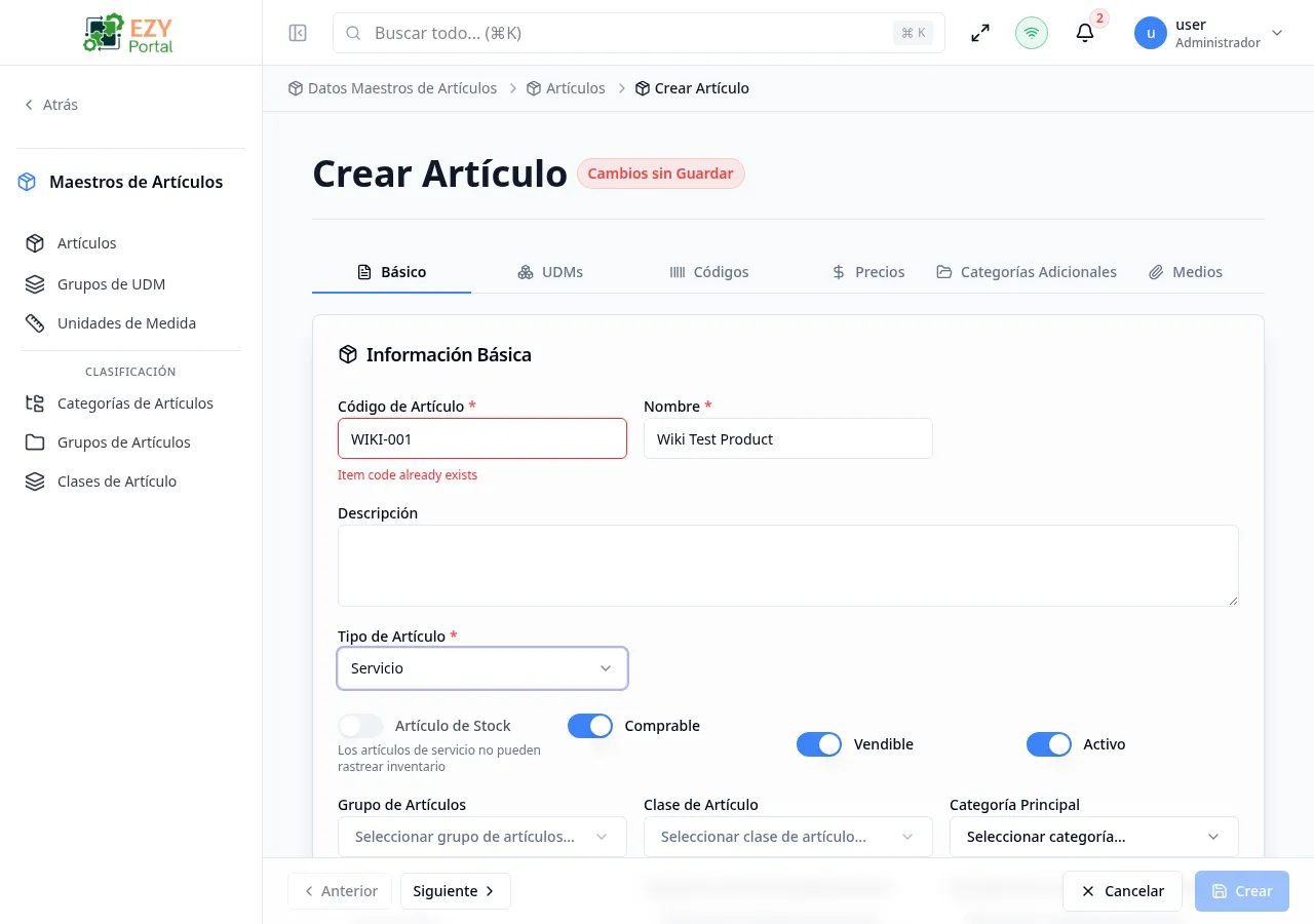 Página de crear artículo
