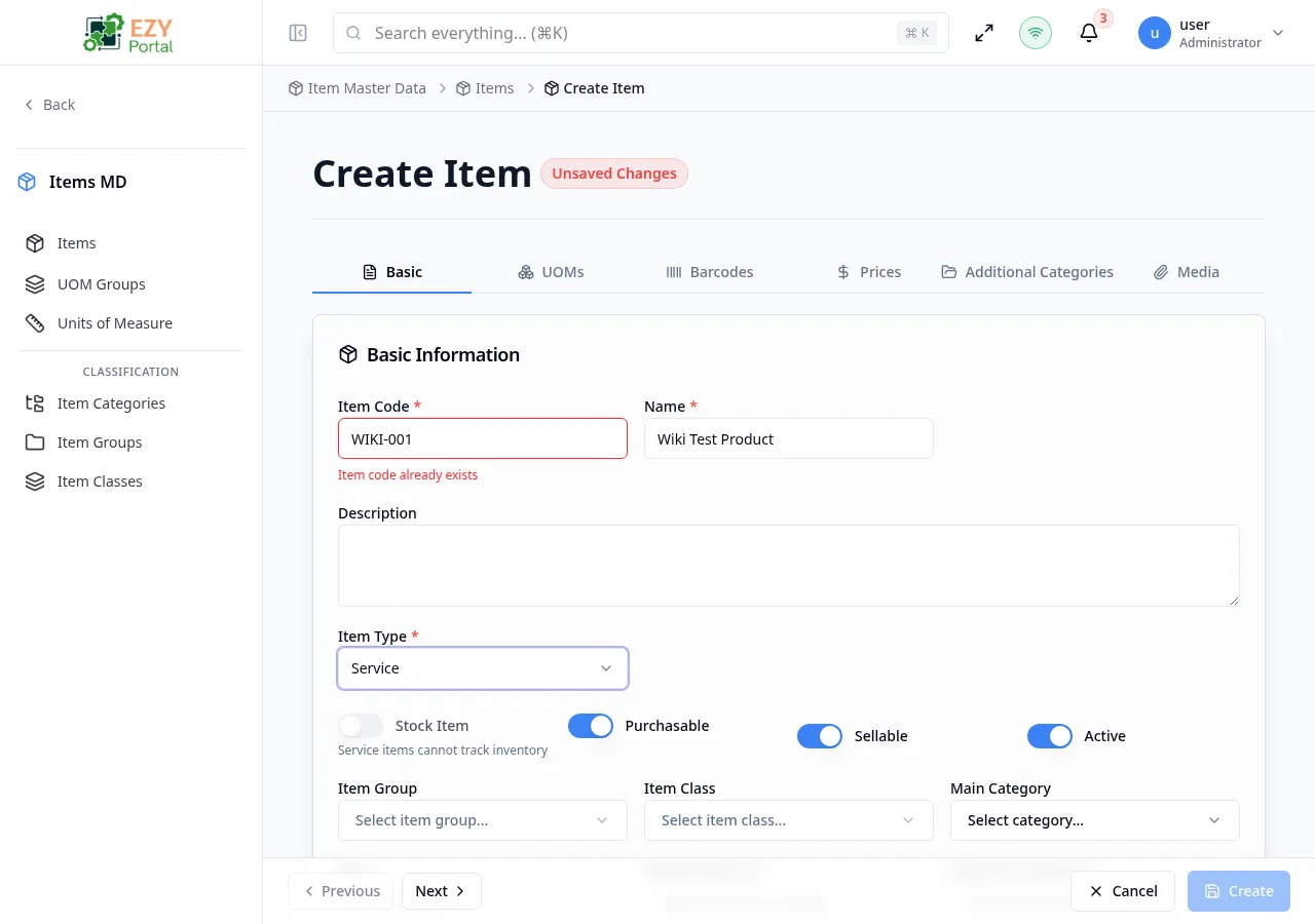 Create item page