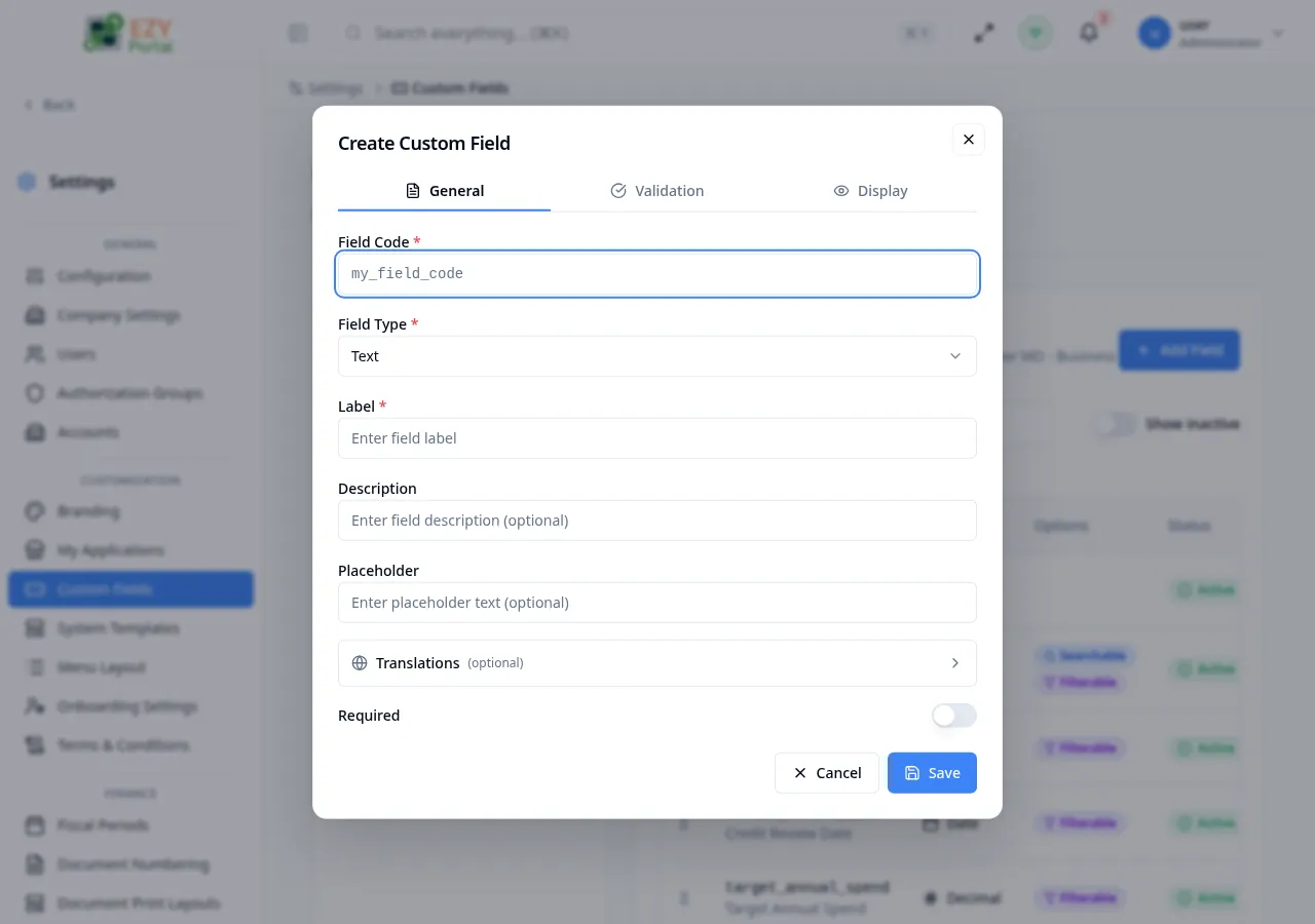 Add Field dialog with the General tab visible showing field code, type, label, description, placeholder, and required toggle