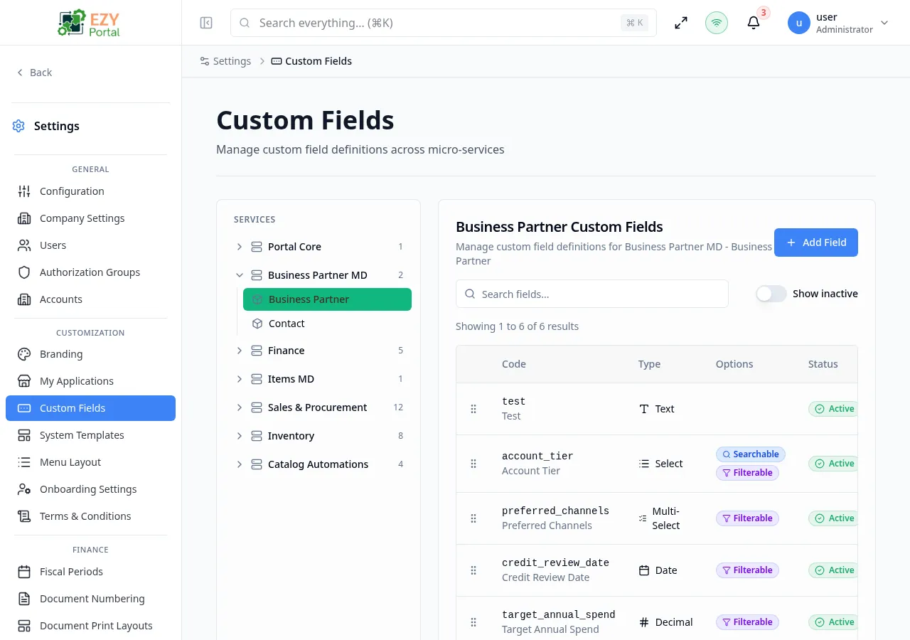 Custom Fields page showing the entity tree on the left and a field definitions table on the right with populated rows