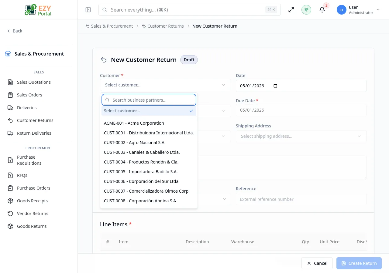 Create Customer Return form showing a customer selected, document date, return reason, and one line item with item code and quantity
