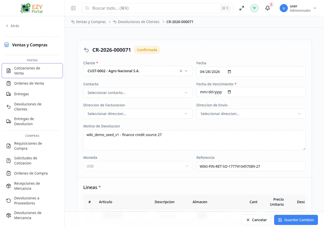 Formulario de edición de devolución de cliente con datos pre-cargados de una devolución en borrador mostrando cliente, fechas, motivo de devolución y líneas
