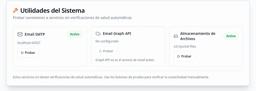 Tarjeta de Utilidades del Sistema mostrando botones de prueba de conexión para SMTP Email, Graph API Email y File Storage