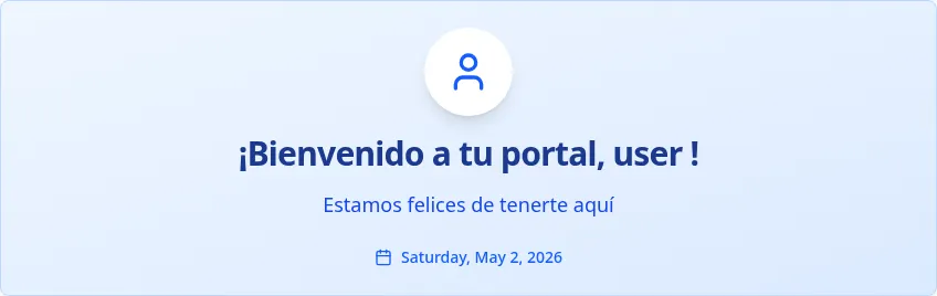 Tarjeta de bienvenida con saludo, nombre de usuario y fecha de hoy