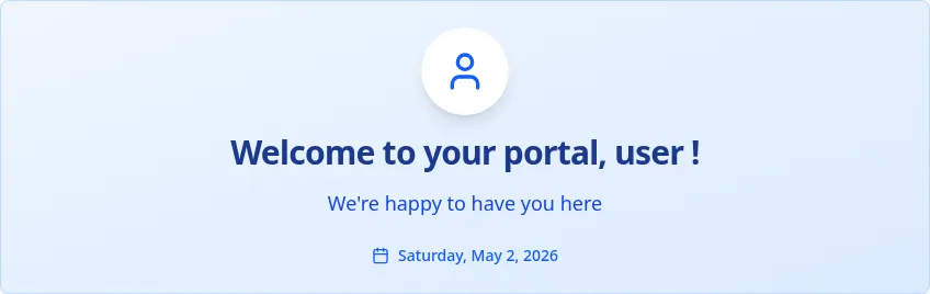 Welcome card with greeting, user name, and today's date