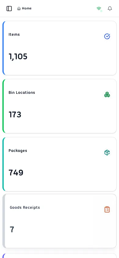 WMS Dashboard showing module cards
