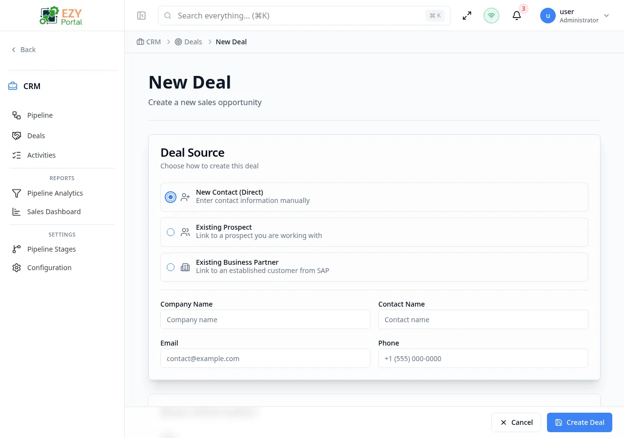 Create Deal form showing the Deal Source radio options and Basic Information section with title, stage, amount, and probability fields