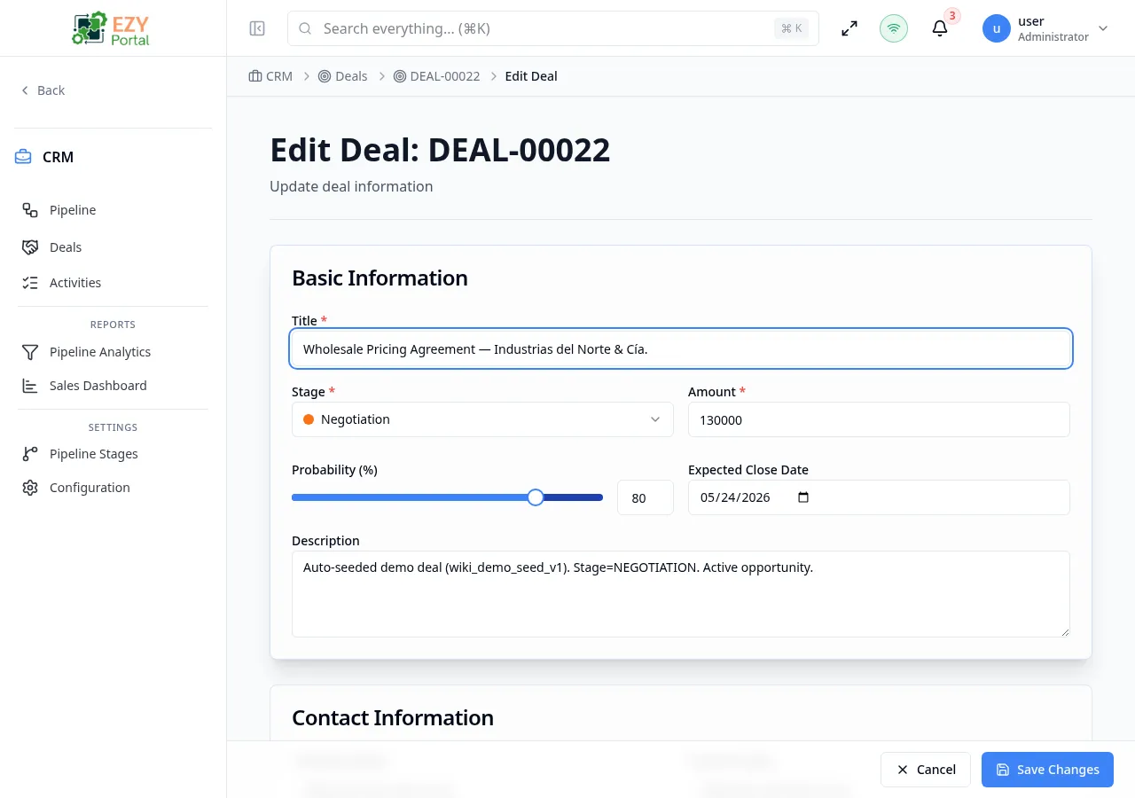 Edit Deal form showing the Basic Information section pre-filled with existing deal data including title, stage, amount, and probability