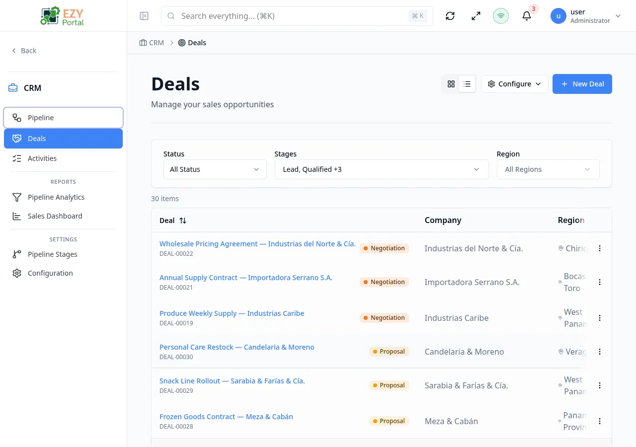 Deal List page with populated rows showing deal title, stage, amount, probability, and status columns