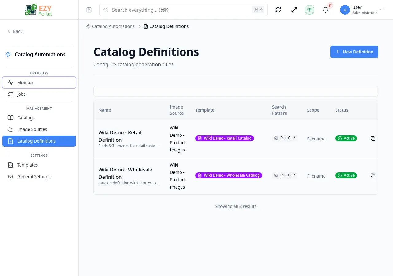 Definitions list page showing catalog definitions with image source, template, search pattern, scope, and status columns