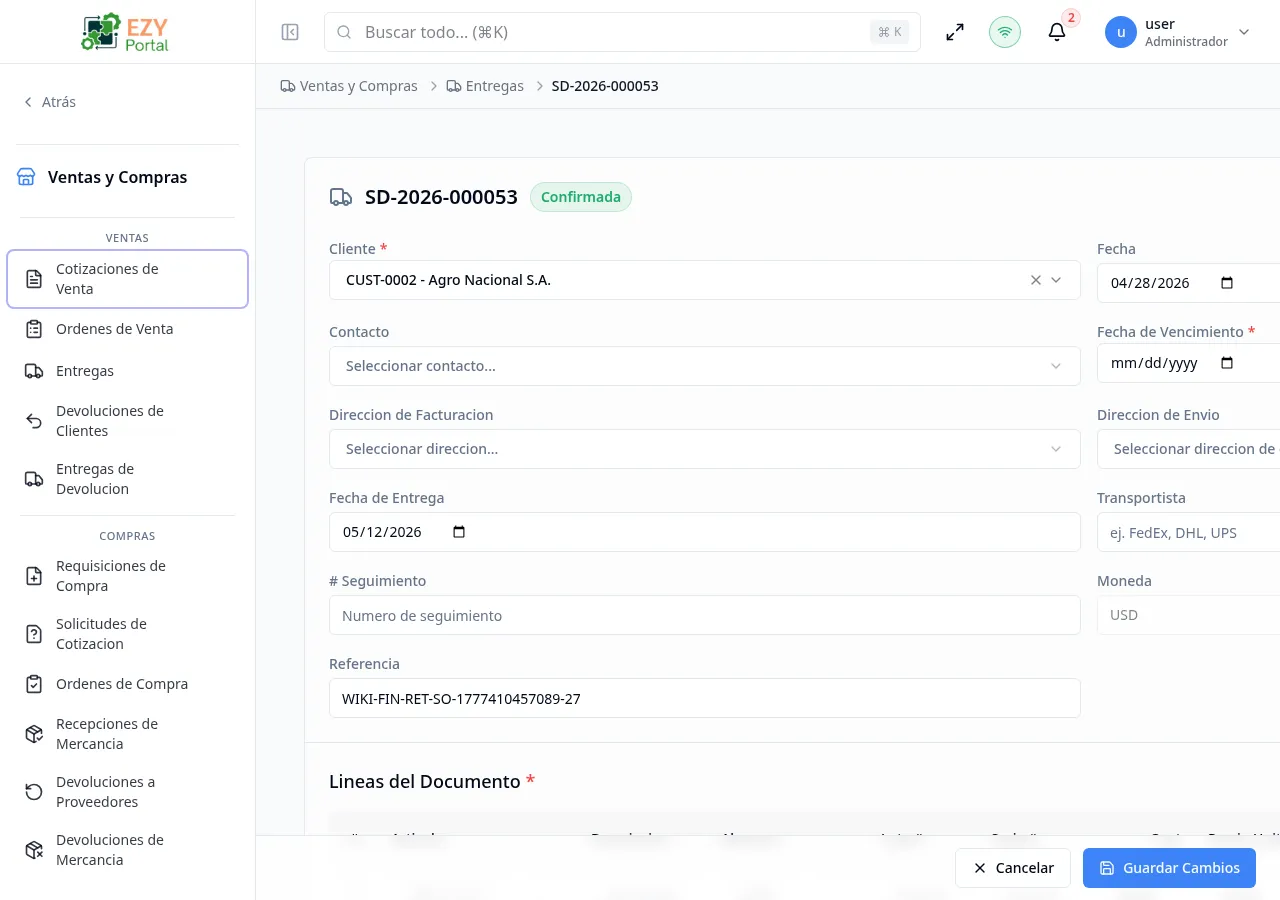 Formulario de edición de entrega con datos pre-cargados de una entrega en borrador mostrando cliente, fechas, transportista, número de seguimiento y líneas