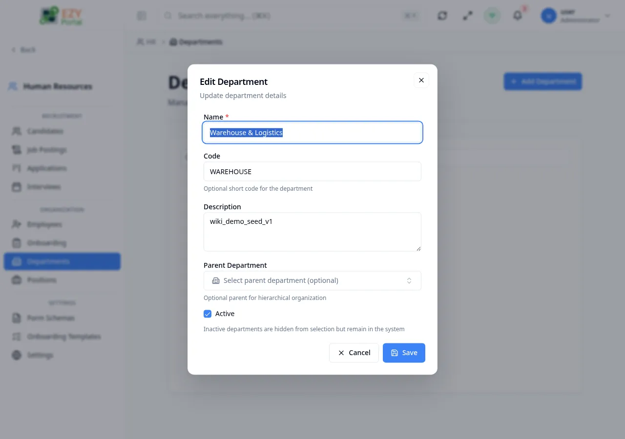 Edit Department dialog pre-filled with existing department values