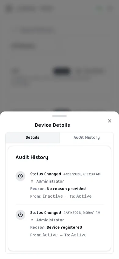 Device audit history tab showing a status-changed entry