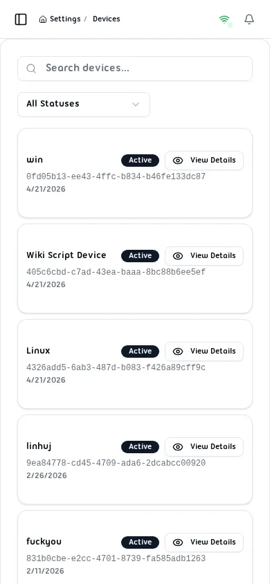 Device list showing search bar, status filter, and device cards