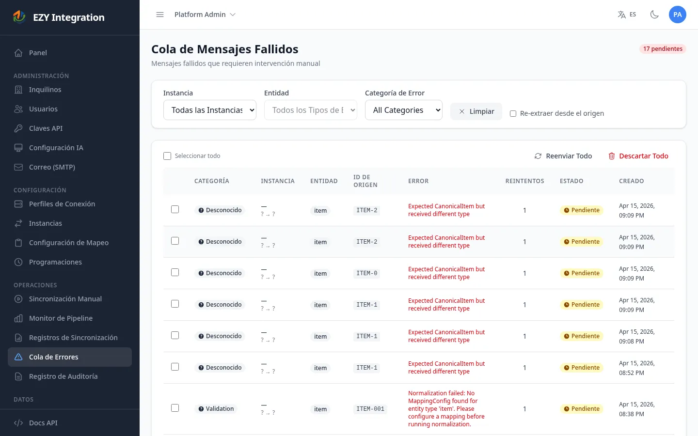 Página de lista DLQ
