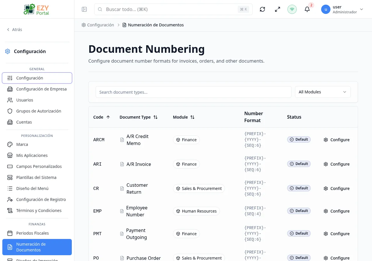 Lista de Numeración de Documentos con filas mostrando código de tipo de documento, nombre, módulo, formato de número y estado